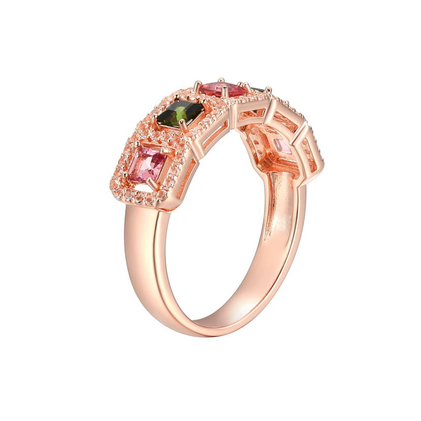 Pink & Green Tourmaline with White Topaz Accent Ring in 14K Rose Gold Plated Silver