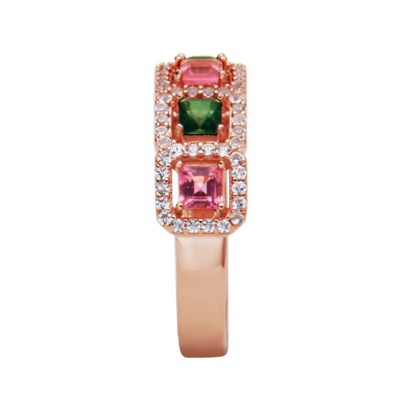 Pink & Green Tourmaline with White Topaz Accent Ring in 14K Rose Gold Plated Silver