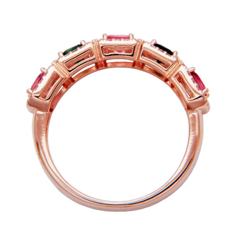 Pink & Green Tourmaline with White Topaz Accent Ring in 14K Rose Gold Plated Silver