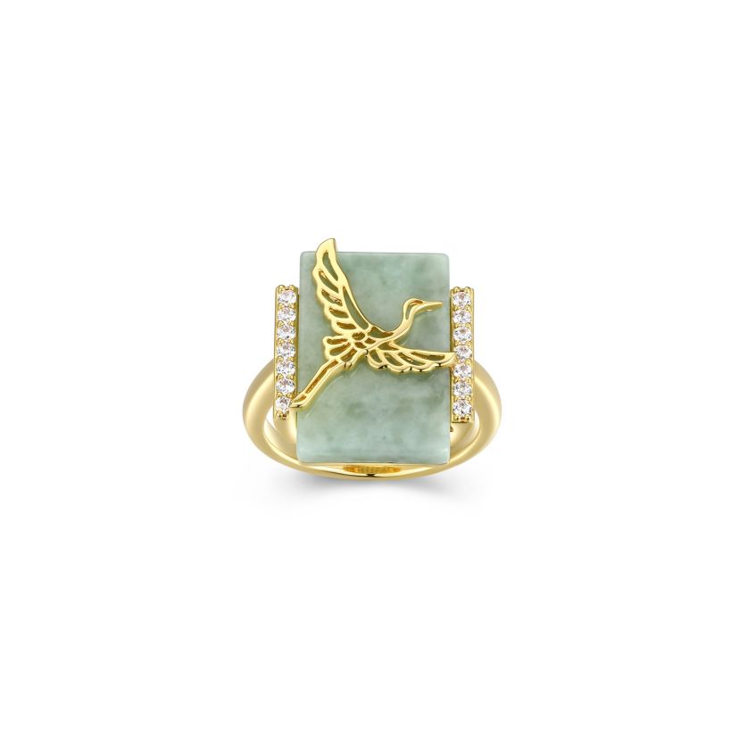 18k Gold Plated Sterling Silver Genuine Jade And Cubic Zirconia Crane Ring