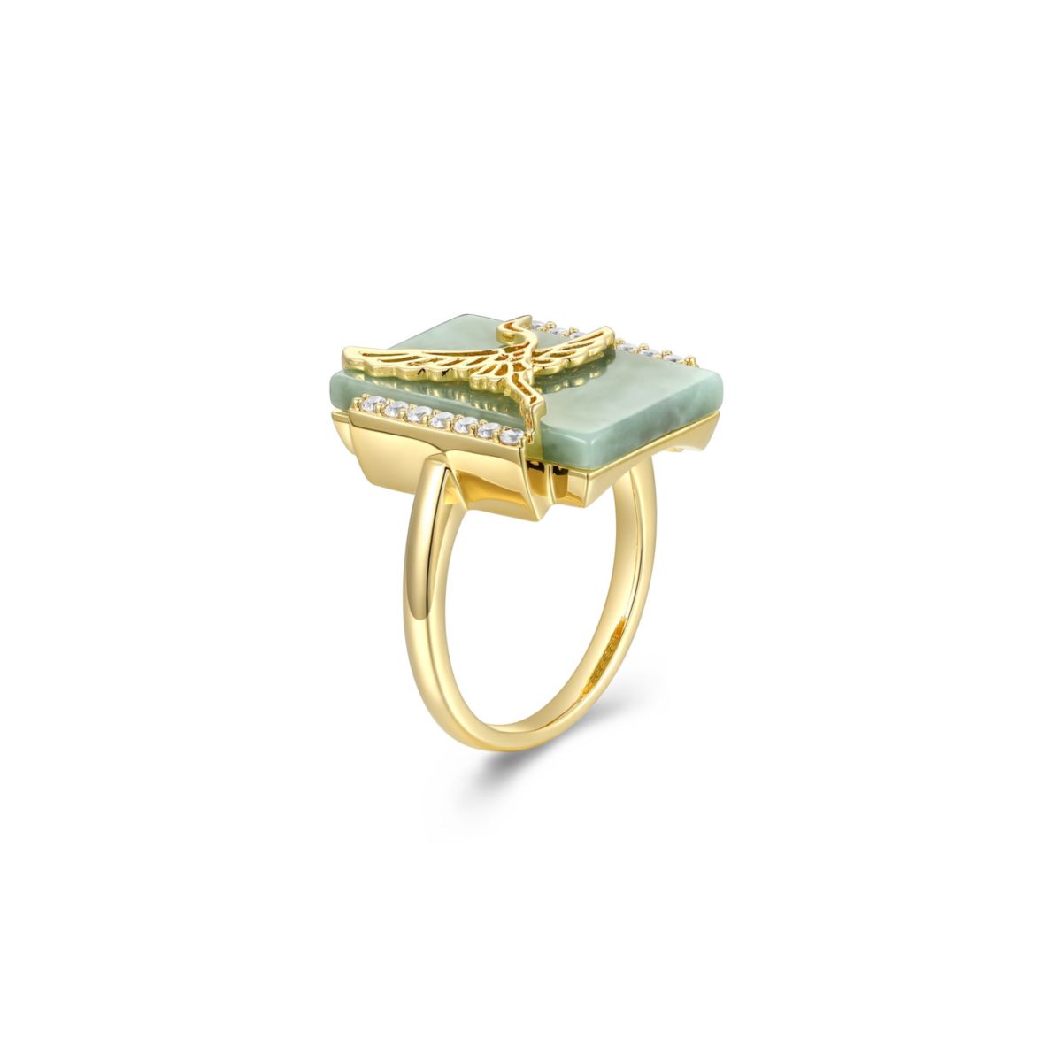 18k Gold Plated Sterling Silver Genuine Jade And Cubic Zirconia Crane Ring