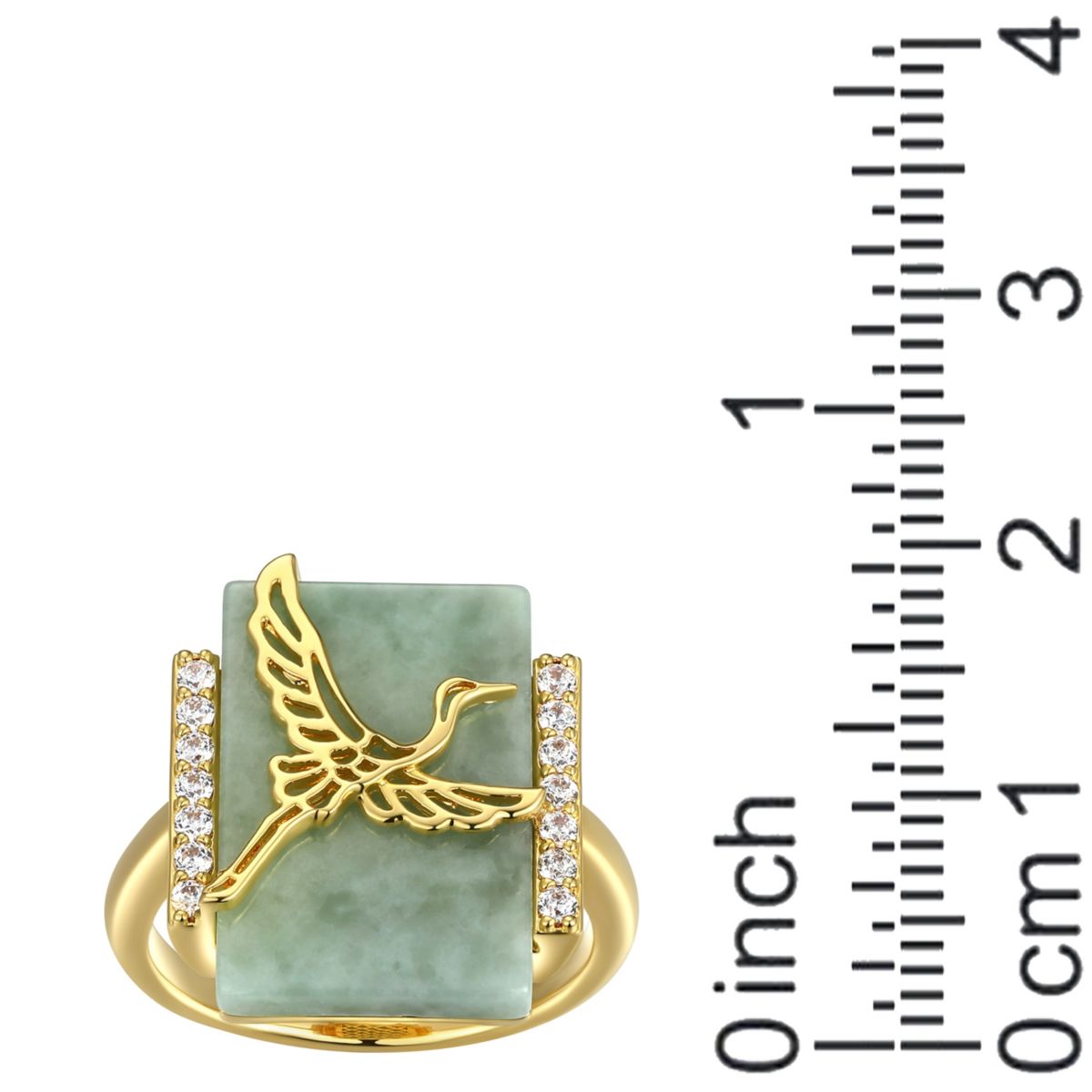 18k Gold Plated Sterling Silver Genuine Jade And Cubic Zirconia Crane Ring
