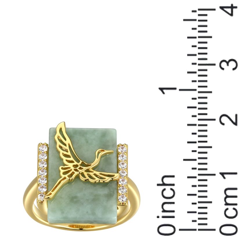 18k Gold Plated Sterling Silver Genuine Jade And Cubic Zirconia Crane Ring