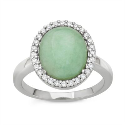 Oval Genuine Jade and Cubic Zirconia Halo Ring Rhodium-Plated Sterling Silver