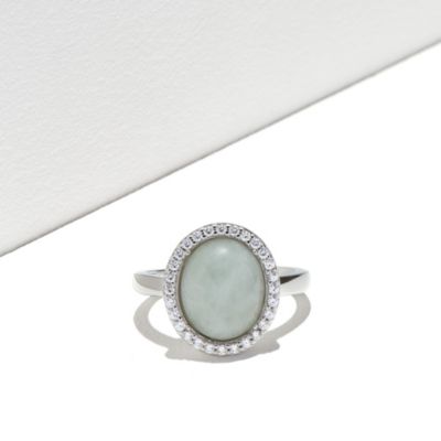 Oval Genuine Jade and Cubic Zirconia Halo Ring Rhodium-Plated Sterling Silver