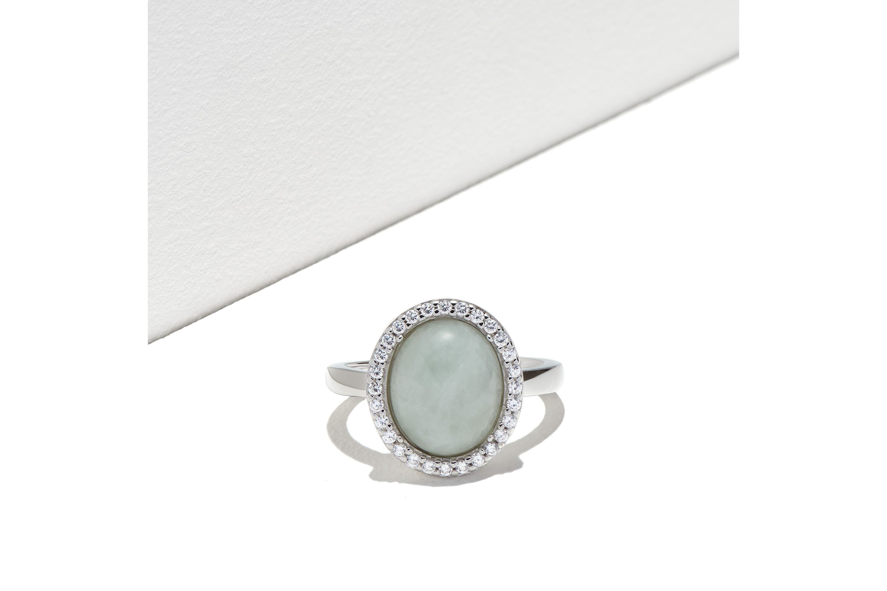 Oval Genuine Jade and Cubic Zirconia Halo Ring in Rhodium-Plated Sterling Silver