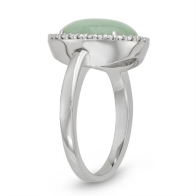 Oval Genuine Jade and Cubic Zirconia Halo Ring Rhodium-Plated Sterling Silver