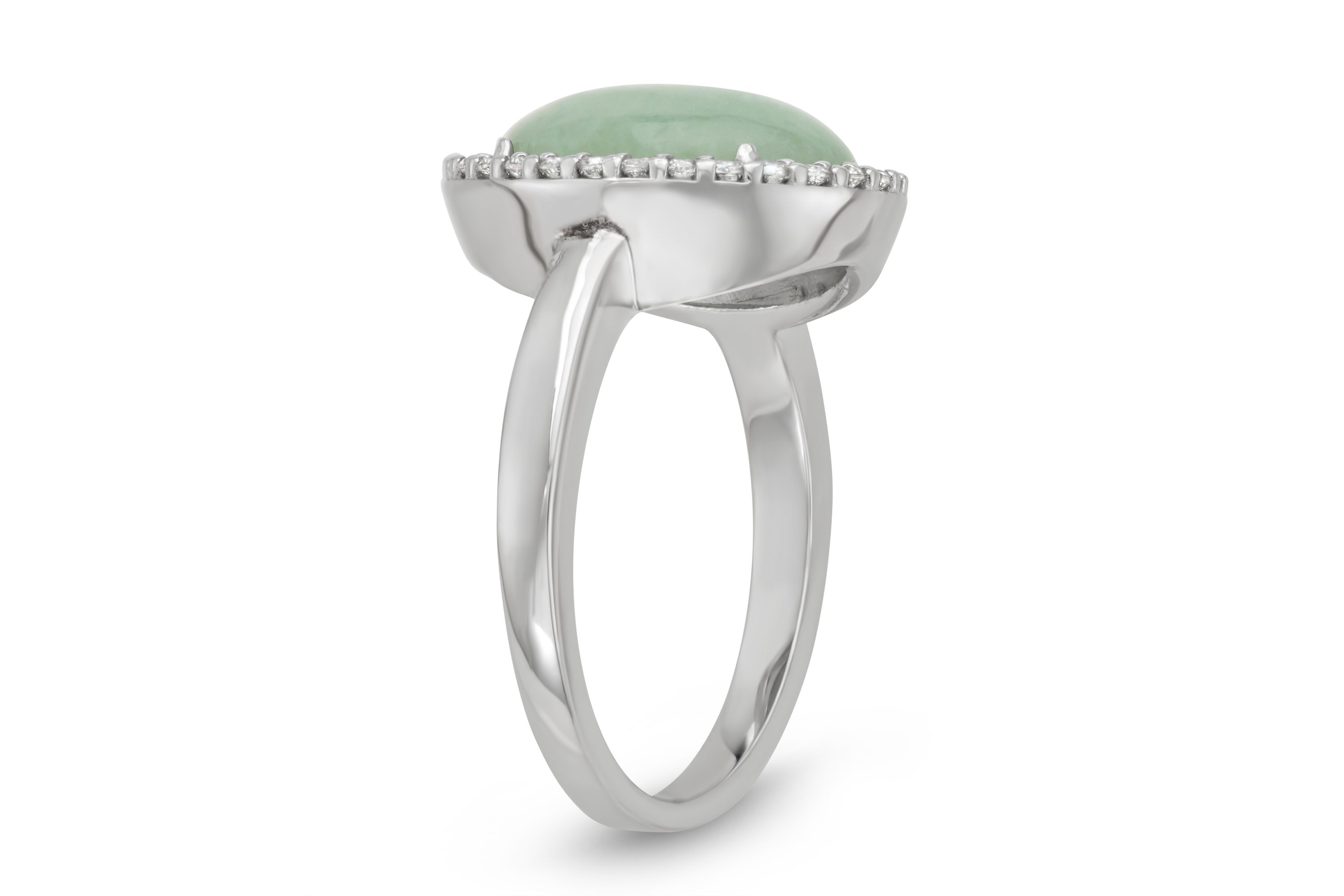 Oval Genuine Jade and Cubic Zirconia Halo Ring in Rhodium-Plated Sterling Silver
