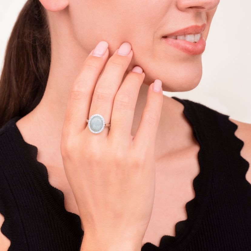 Oval Genuine Jade and Cubic Zirconia Halo Ring in Rhodium-Plated Sterling Silver
