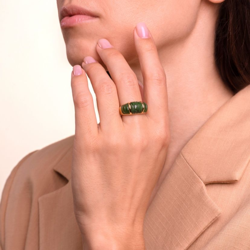 18k Yellow Gold Plated Sterling Silver Carved Nephrite Jade Band Ring