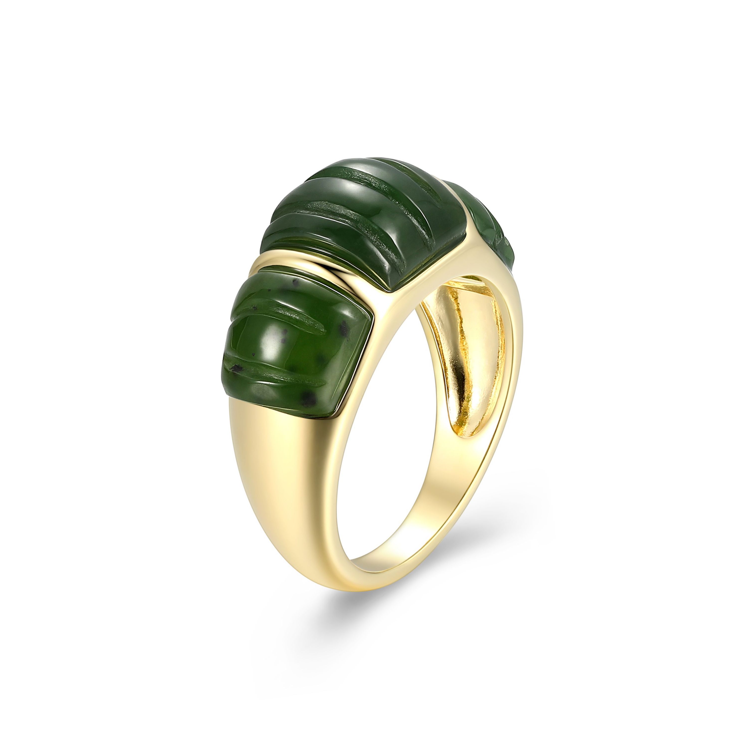 18k Yellow Gold Plated Sterling Silver Carved Nephrite Jade Band Ring