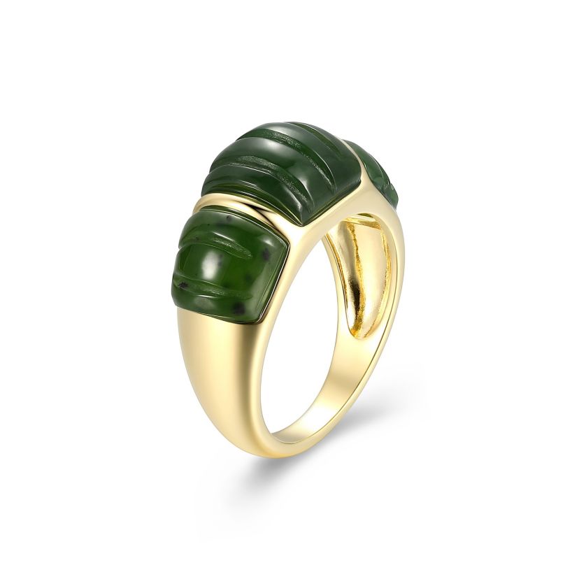 18k Yellow Gold Plated Sterling Silver Carved Nephrite Jade Band Ring