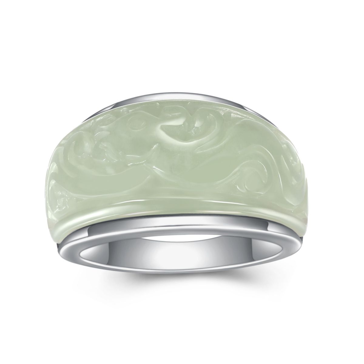 Rhodium Plated Sterling Silver  Carved Genuine Jade Dome Ring