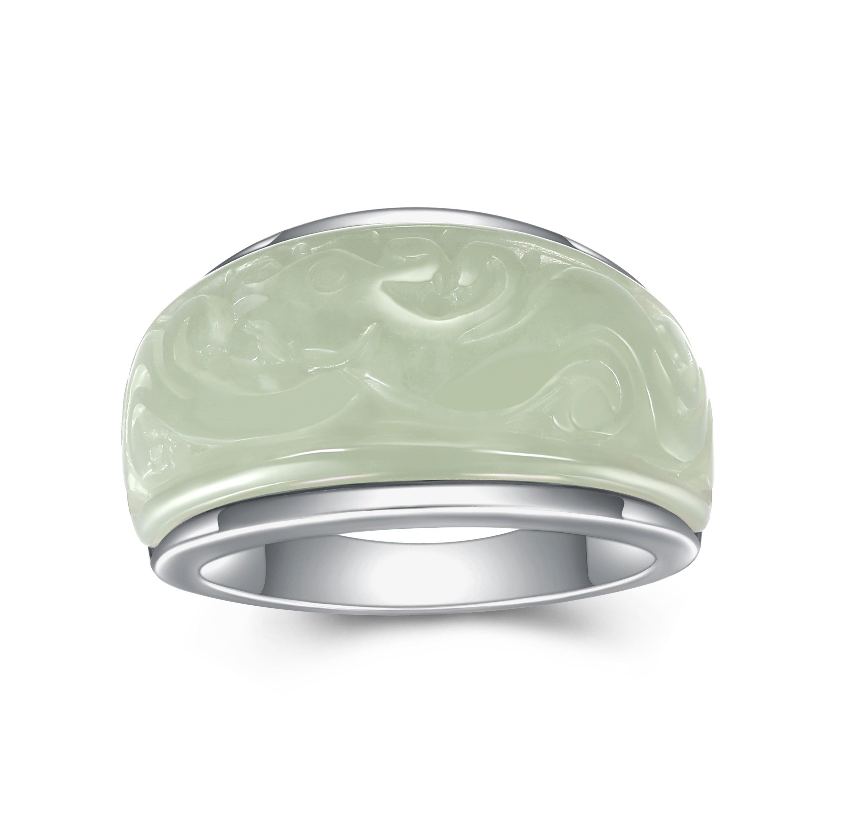Rhodium Plated Sterling Silver  Carved Genuine Jade Dome Ring