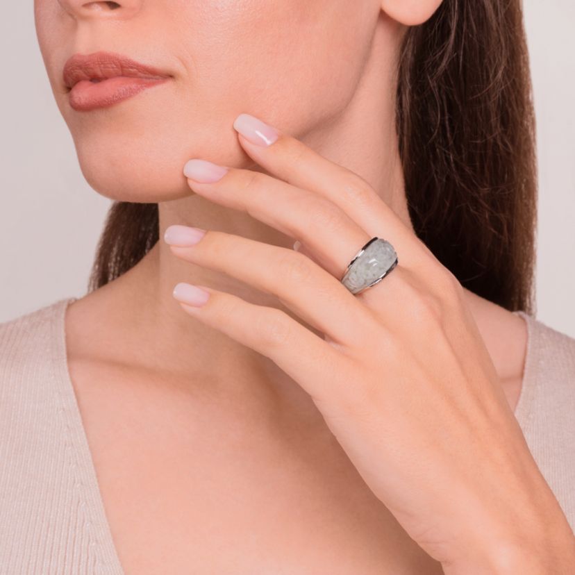 Rhodium Plated Sterling Silver  Carved Genuine Jade Dome Ring