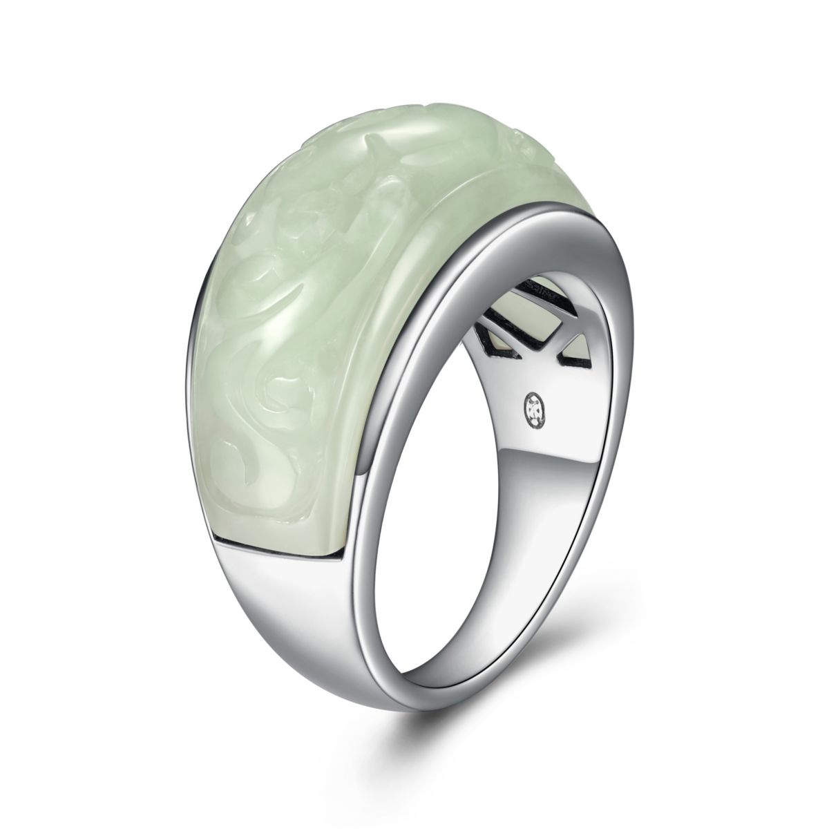 Rhodium Plated Sterling Silver  Carved Genuine Jade Dome Ring