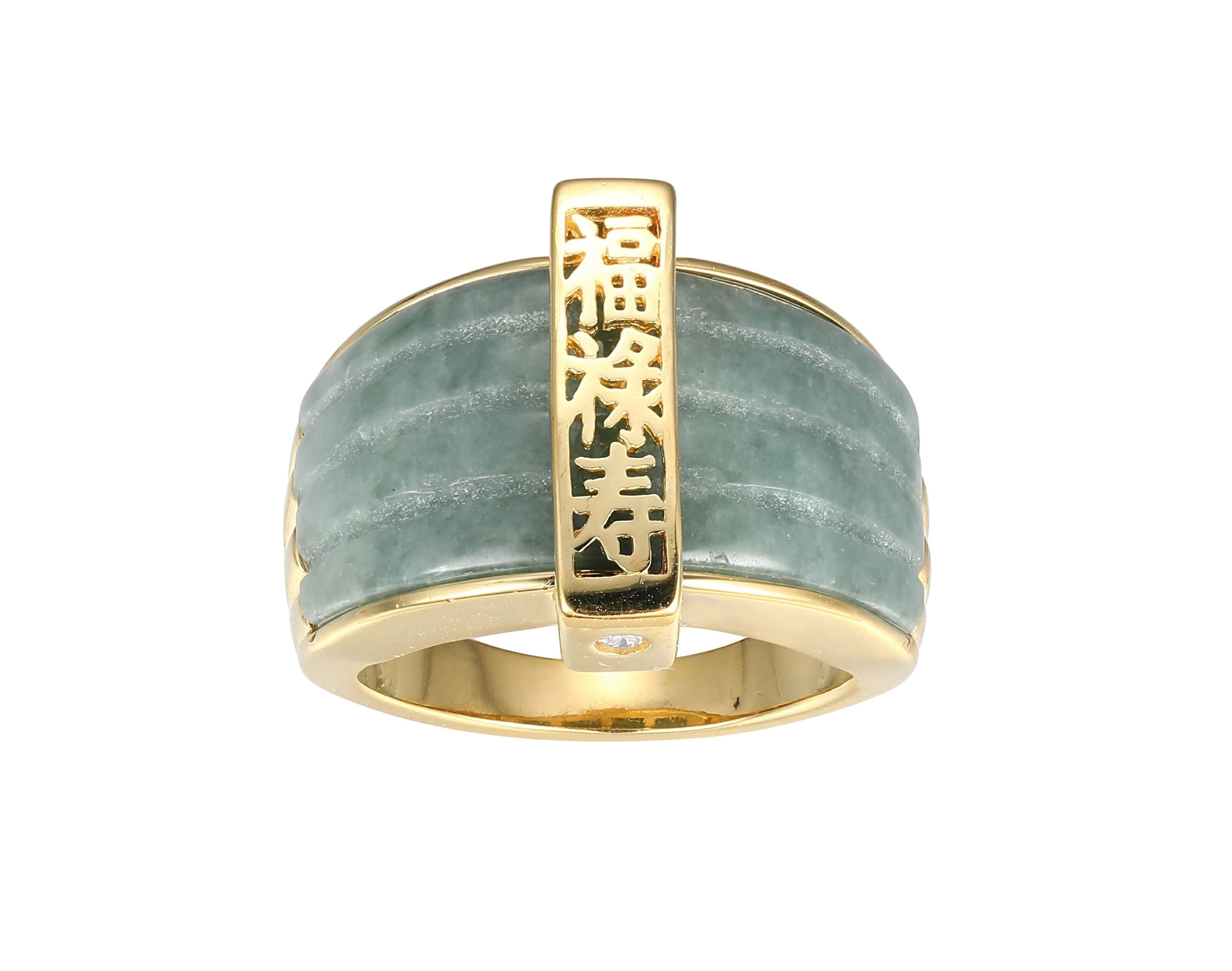 18k Yellow Gold-Plated Sterling Silver Genuine Jade Ribbed Ring