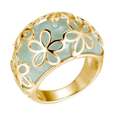 PAJ Genuine Jade Carved Dome Ring with Floral Overlay in 18k Yellow Gold Plated Sterling Silver -  540047111773304