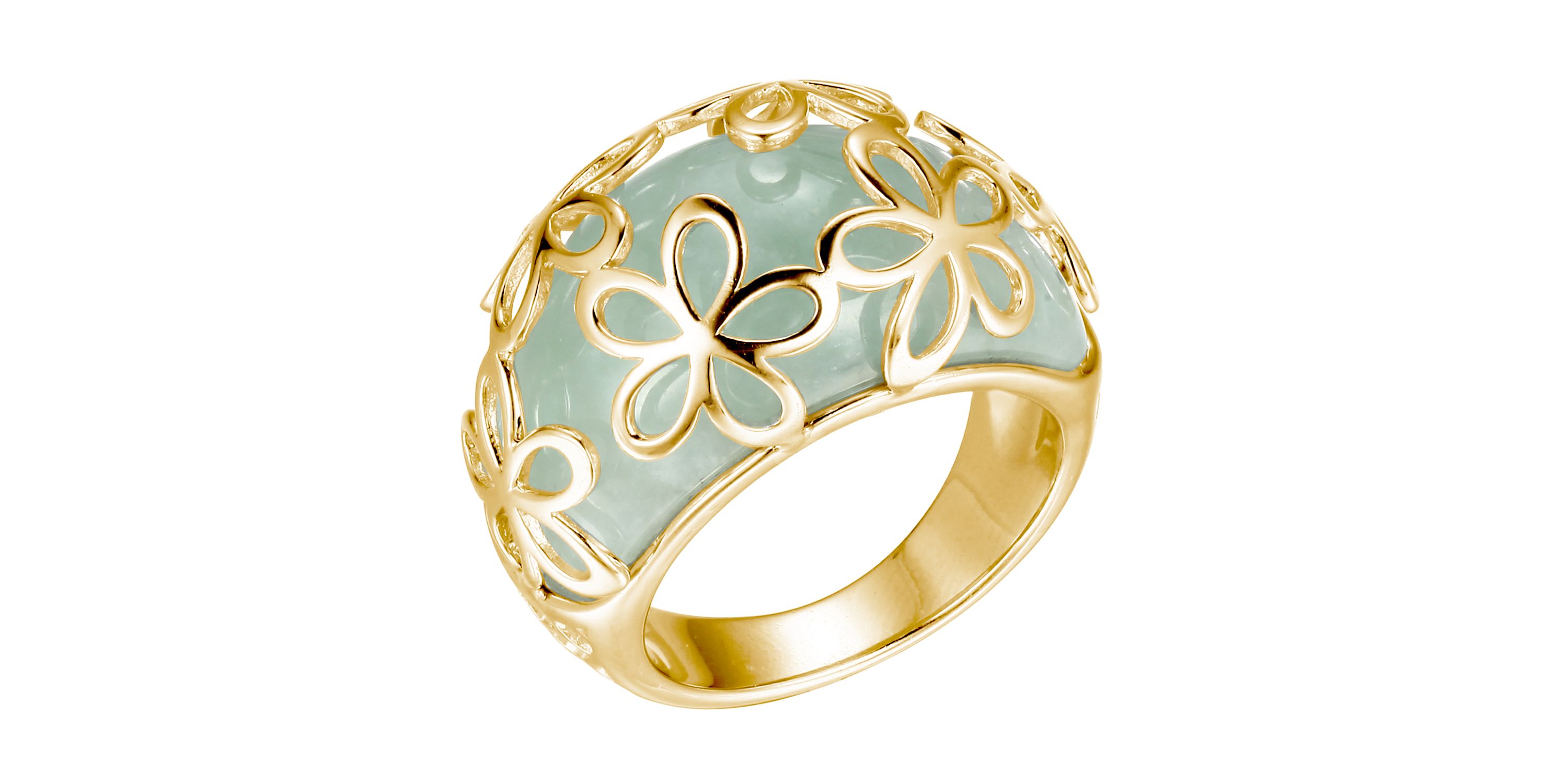 18k Yellow Gold Plated Sterling Silver Genuine Jade Carved Dome Ring