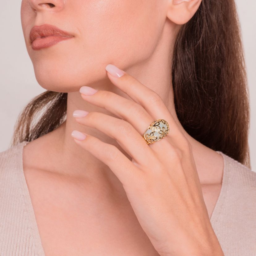 18k Yellow Gold Plated Sterling Silver Genuine Jade Carved Dome Ring