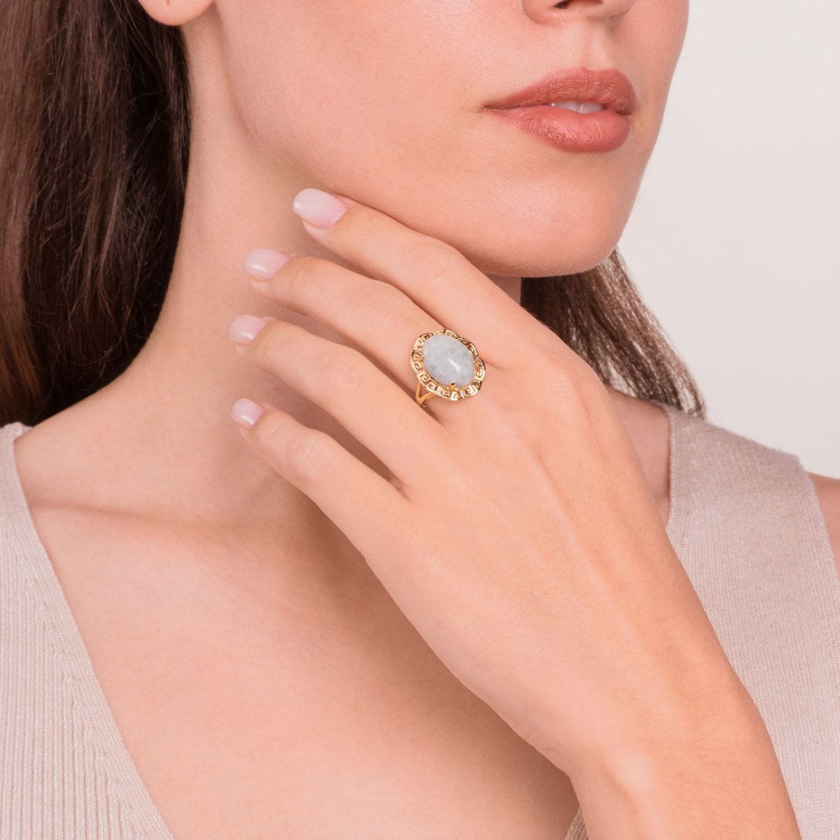 18k Yellow Gold Over Sterling Silver Genuine Jade Greek Key Ring