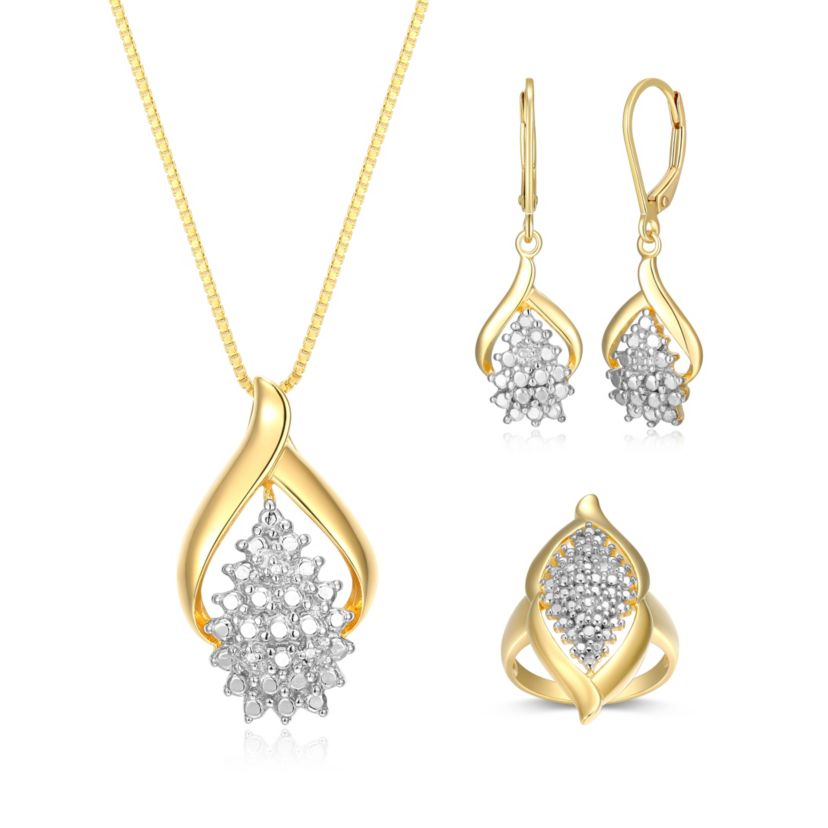 Diamond Accent Open Waterfall Earrings, Pendant and Ring Set in  Gold Plated Sterling Silver