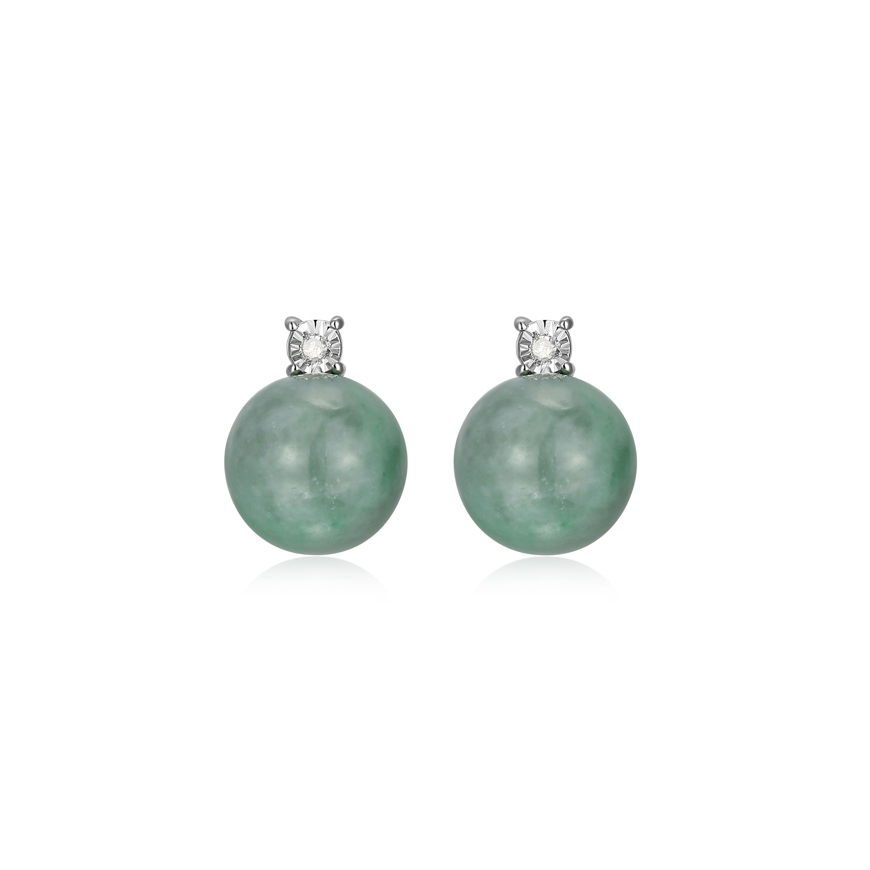 Genuine Jade Stud Earrings With Diamond Accent In Rhodium Sterling Silver