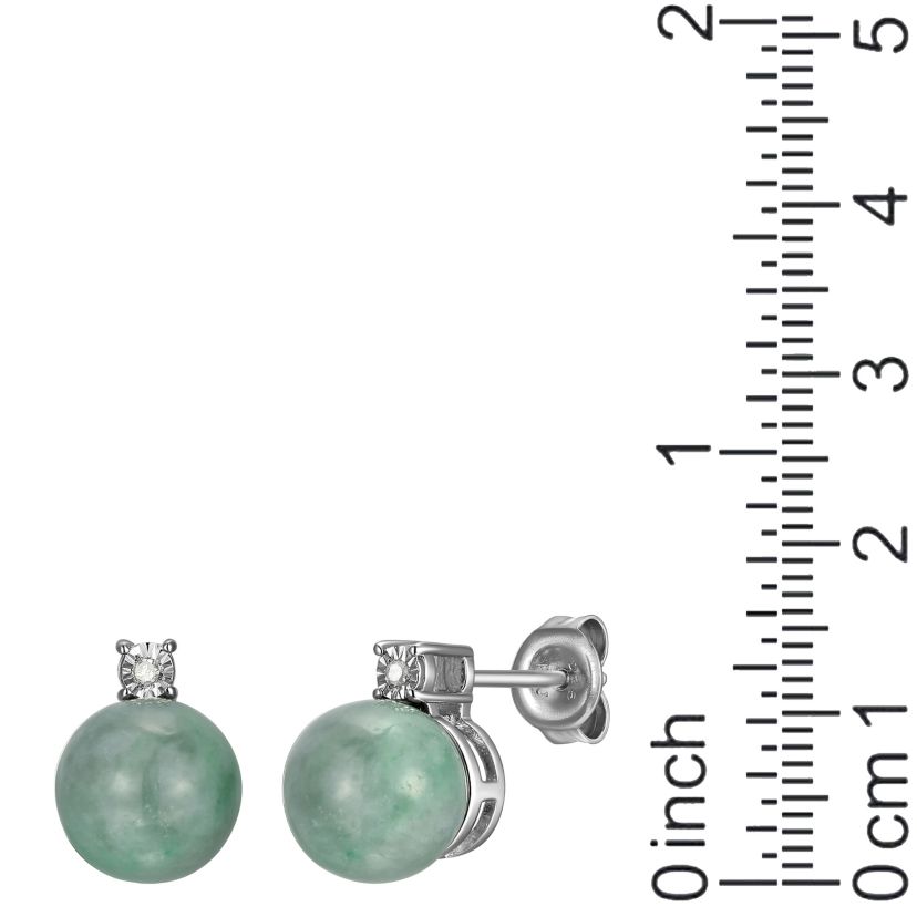 Genuine Jade Stud Earrings With Diamond Accent In Rhodium Sterling Silver