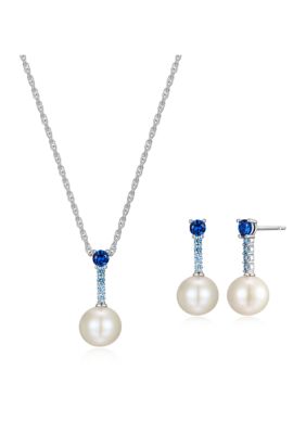 Aurealis Rhodium Over Sterling Silver Pearl and Created Gemstone Necklace and Earring Set