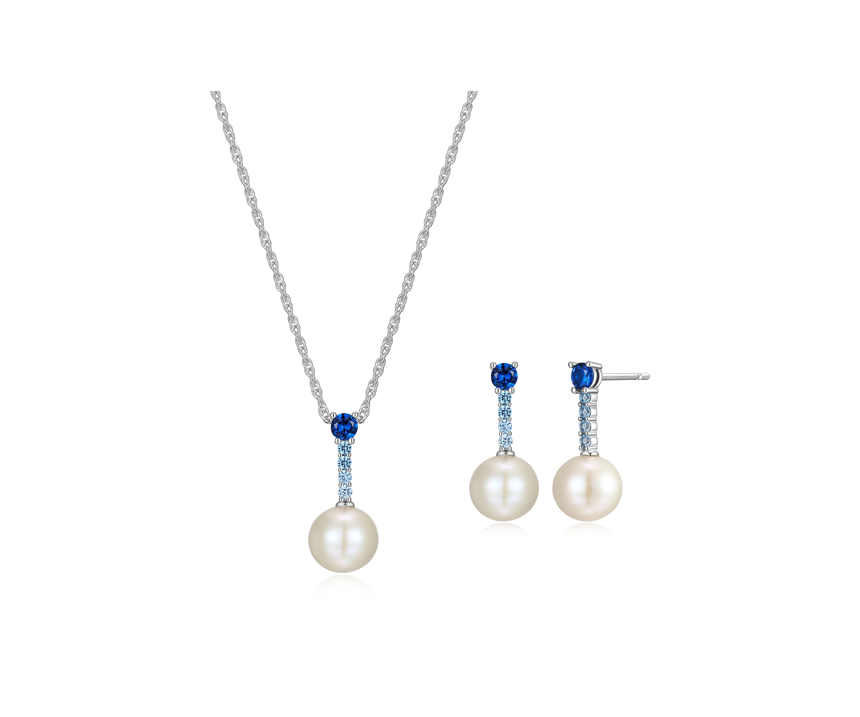 Rhodium Over Sterling Silver Pearl and Created Gemstone Necklace and Earring Set
