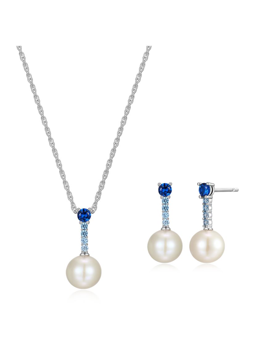 Rhodium Over Sterling Silver Pearl and Created Gemstone Necklace and Earring Set