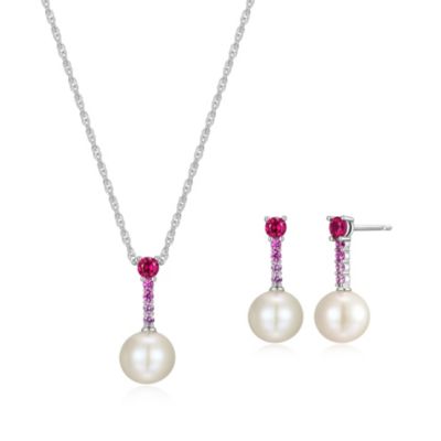 Aurealis Rhodium Over Sterling Silver Pearl and Created Gemstone Necklace and Earring Set, Pink