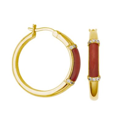 Dynasty Jade Genuine Jade and Cubic Zirconia Hoop Earrings in 18k Gold Plated Sterling Silver, Red