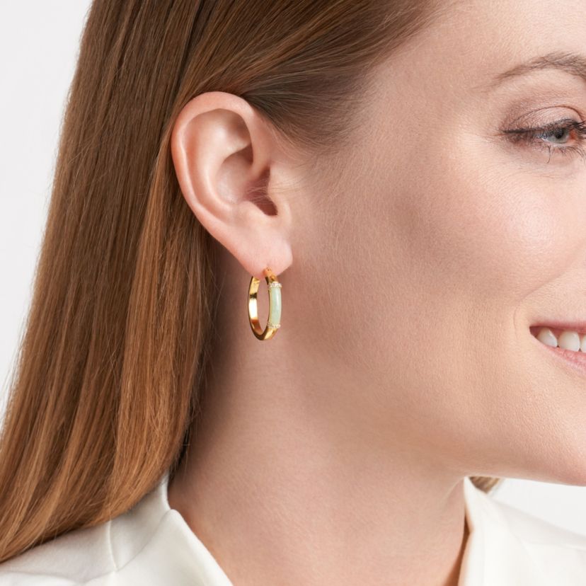 Genuine Jade and Cubic Zirconia Hoop Earrings in 18k Gold Plated Sterling Silver