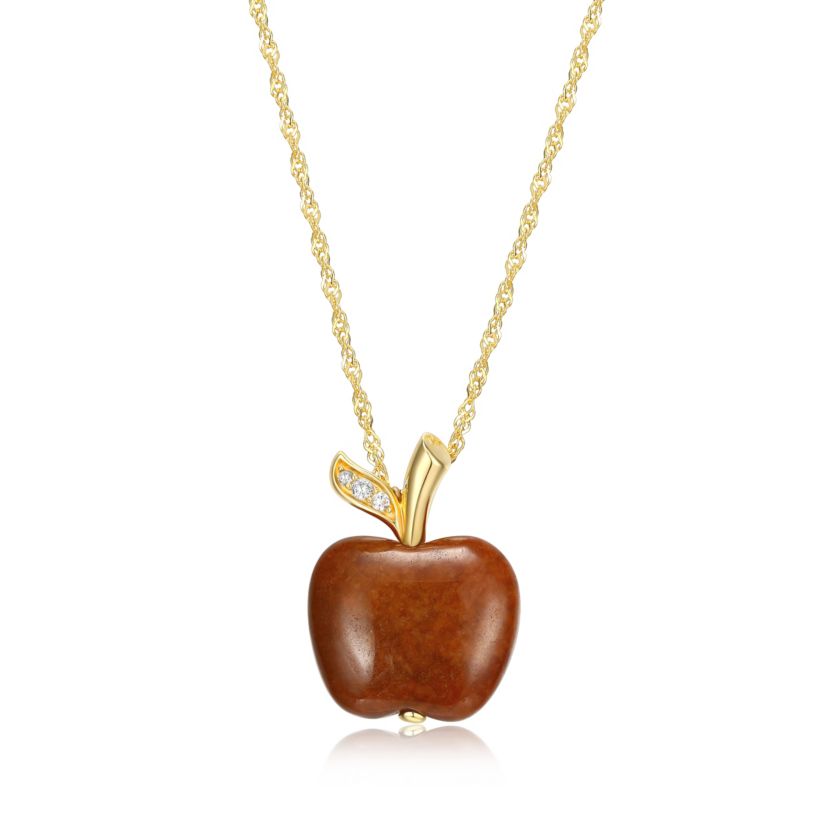 Genuine Jade Apple With White Topaz Necklace 18k Gold Plated Sterling Silver