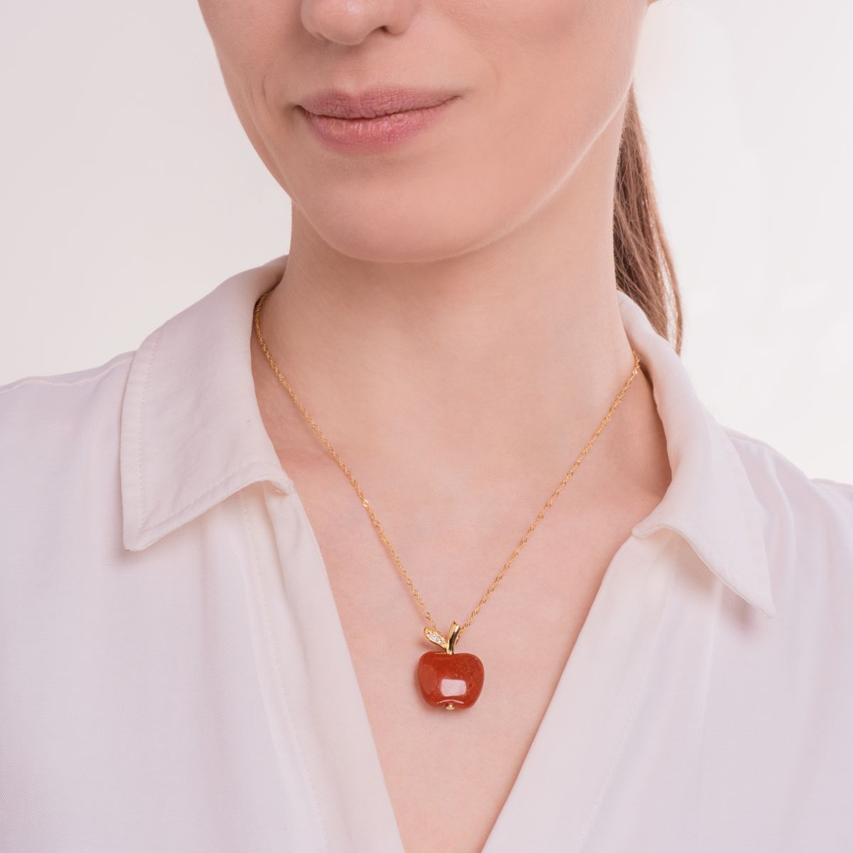 Genuine Jade Apple With White Topaz Necklace 18k Gold Plated Sterling Silver