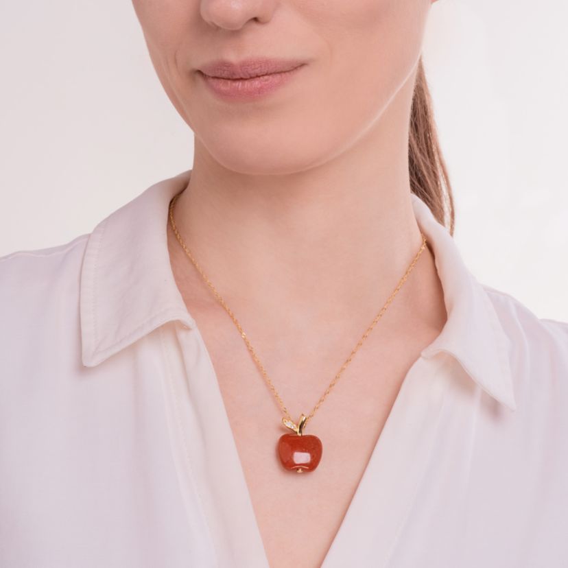 Genuine Jade Apple With White Topaz Necklace 18k Gold Plated Sterling Silver
