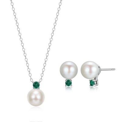 Aurealis Rhodium Over Sterling Silver Pearl with Created Sapphire, Emerald or Ruby Accent Pendant Necklace and Earring Set
