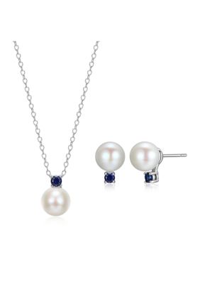 Aurealis Rhodium Over Sterling Silver Pearl with Created Sapphire, Emerald or Ruby Accent Pendant Necklace and Earring Set