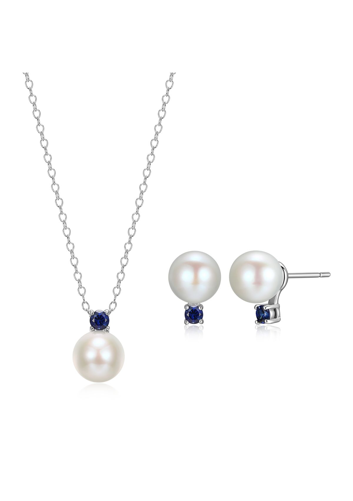 Rhodium Over Sterling Silver Pearl with Created Sapphire, Emerald or Ruby Accent Pendant Necklace and Earring Set