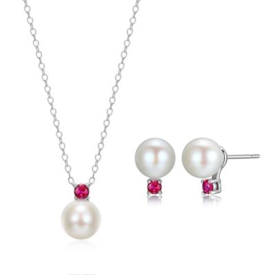 Aurealis Rhodium Over Sterling Silver Pearl with Created Sapphire, Emerald or Ruby Accent Pendant Necklace and Earring Set