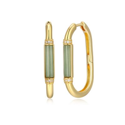 Dynasty Jade Genuine Jade and Cubic Zirconia Oval Hoop Earrings in 18k Gold Plated Sterling Silver