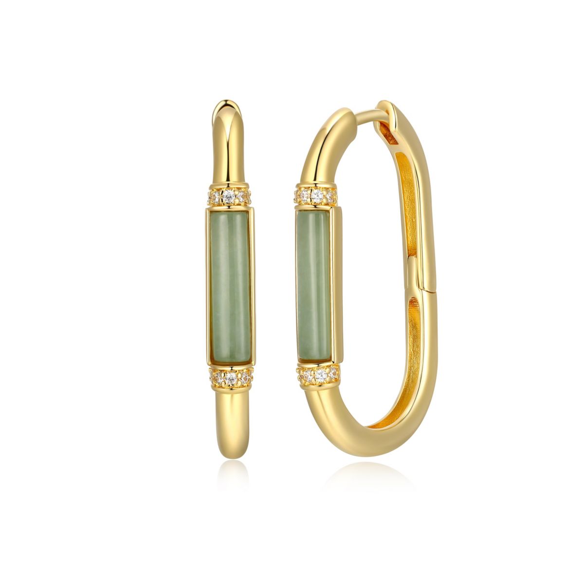 Genuine Jade and Cubic Zirconia Oval Hoop Earrings in 18k Gold Plated Sterling Silver