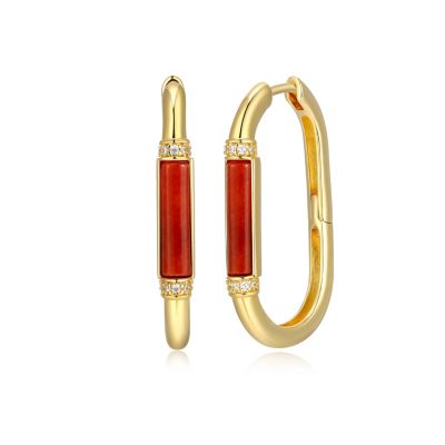 Dynasty Jade Genuine Jade and Cubic Zirconia Oval Hoop Earrings in 18k Gold Plated Sterling Silver, Red