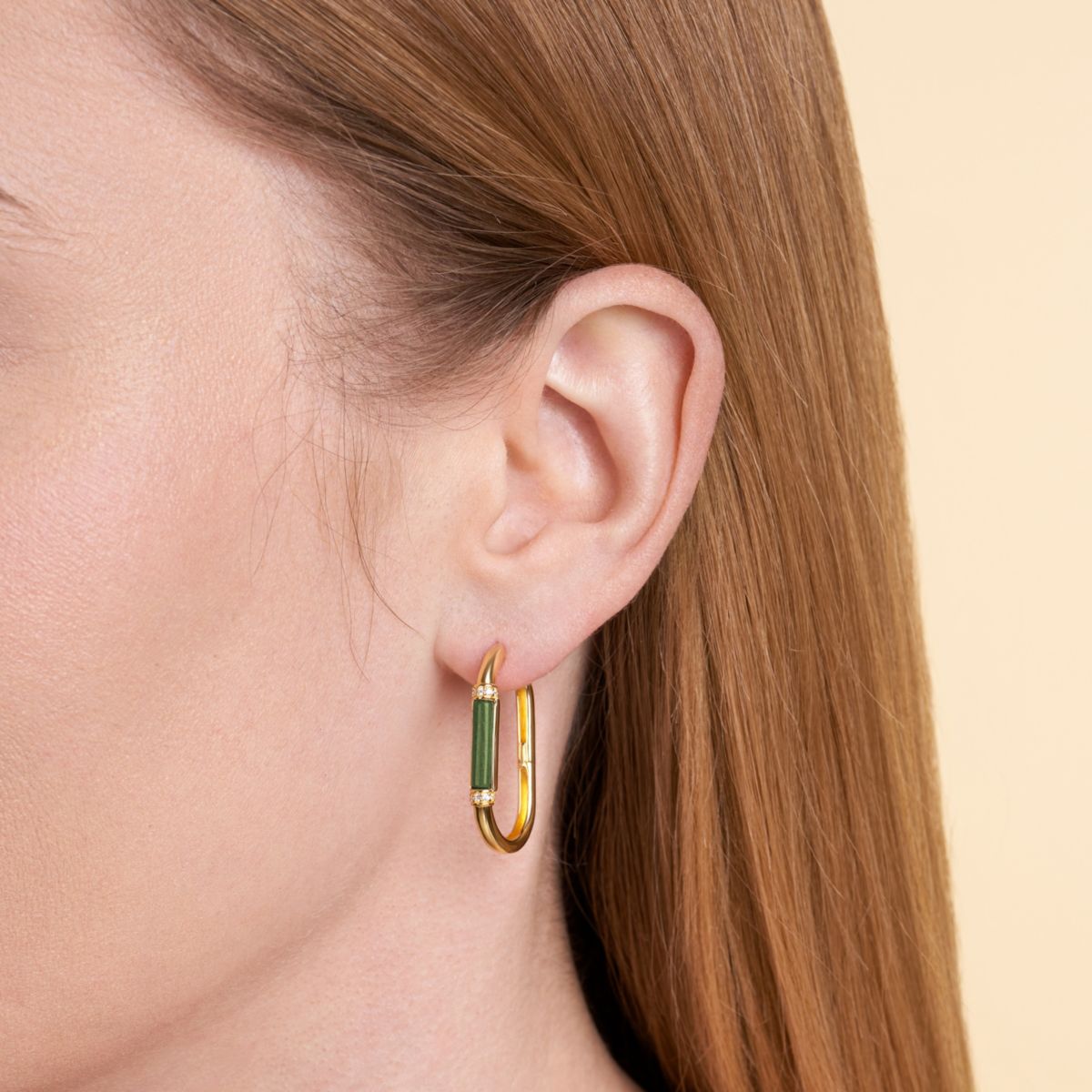 Genuine Jade and Cubic Zirconia Oval Hoop Earrings in 18k Gold Plated Sterling Silver