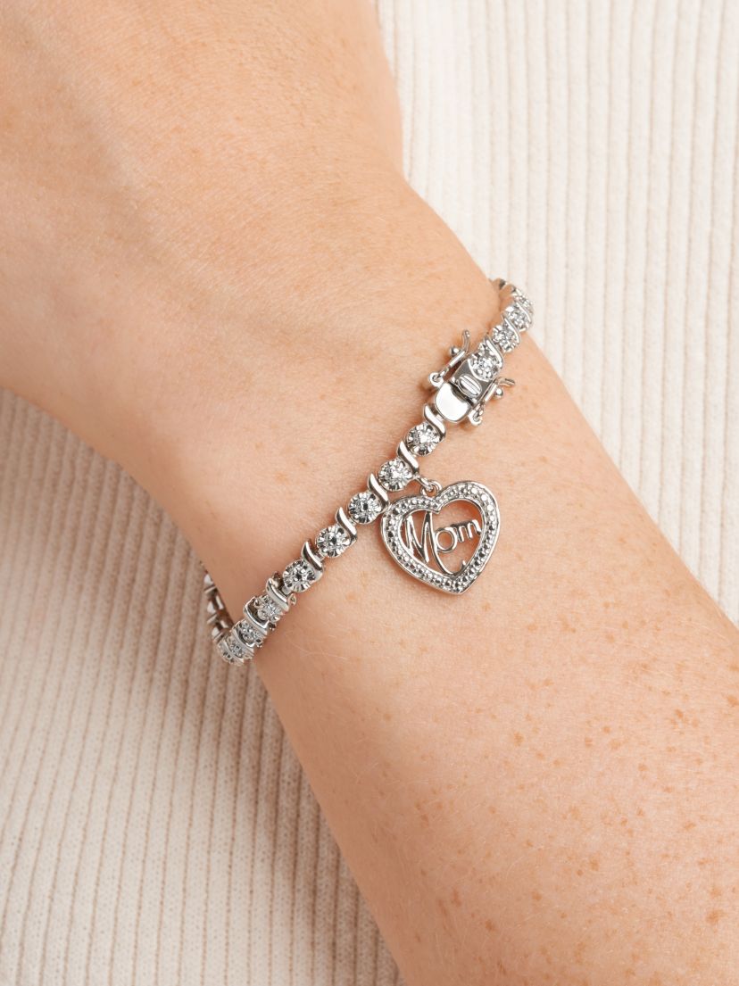 Diamond Accent Mom Bracelet in Silver, 18K Yellow Gold or 18K Rose Gold Over Bronze