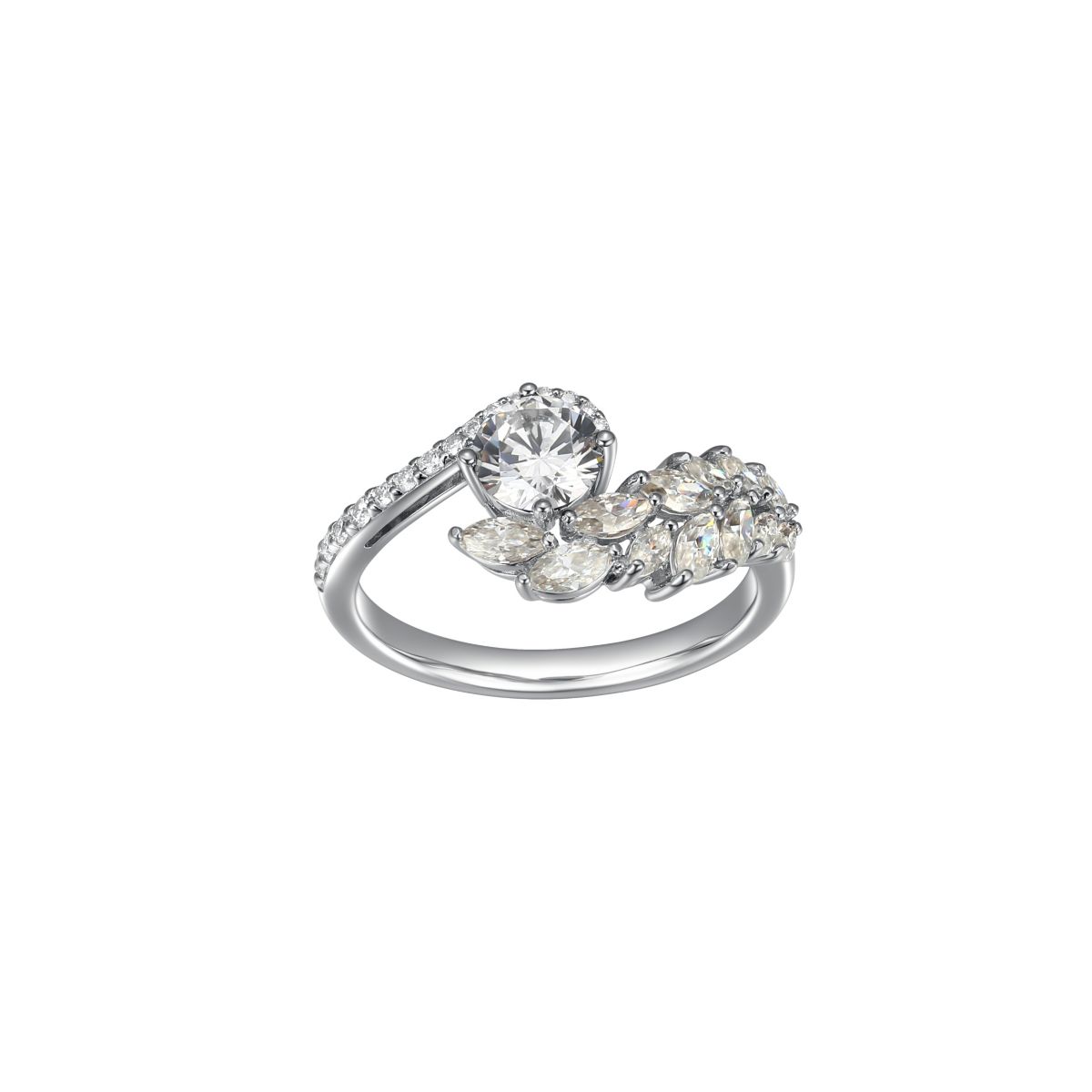 Blue, Green or White Moissanite Ring in Rhodium Plated Sterling Silver