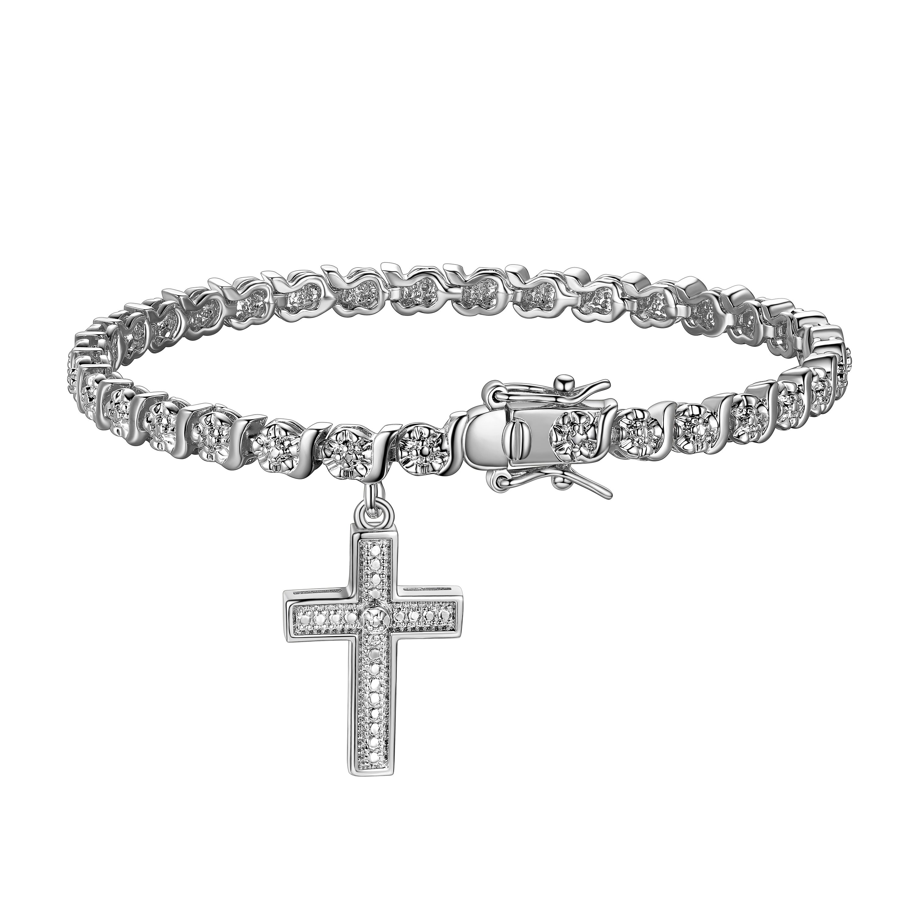Diamond Accent Cross Bracelet in Silver, 18K Yellow Gold or 18K Rose Gold Over Bronze