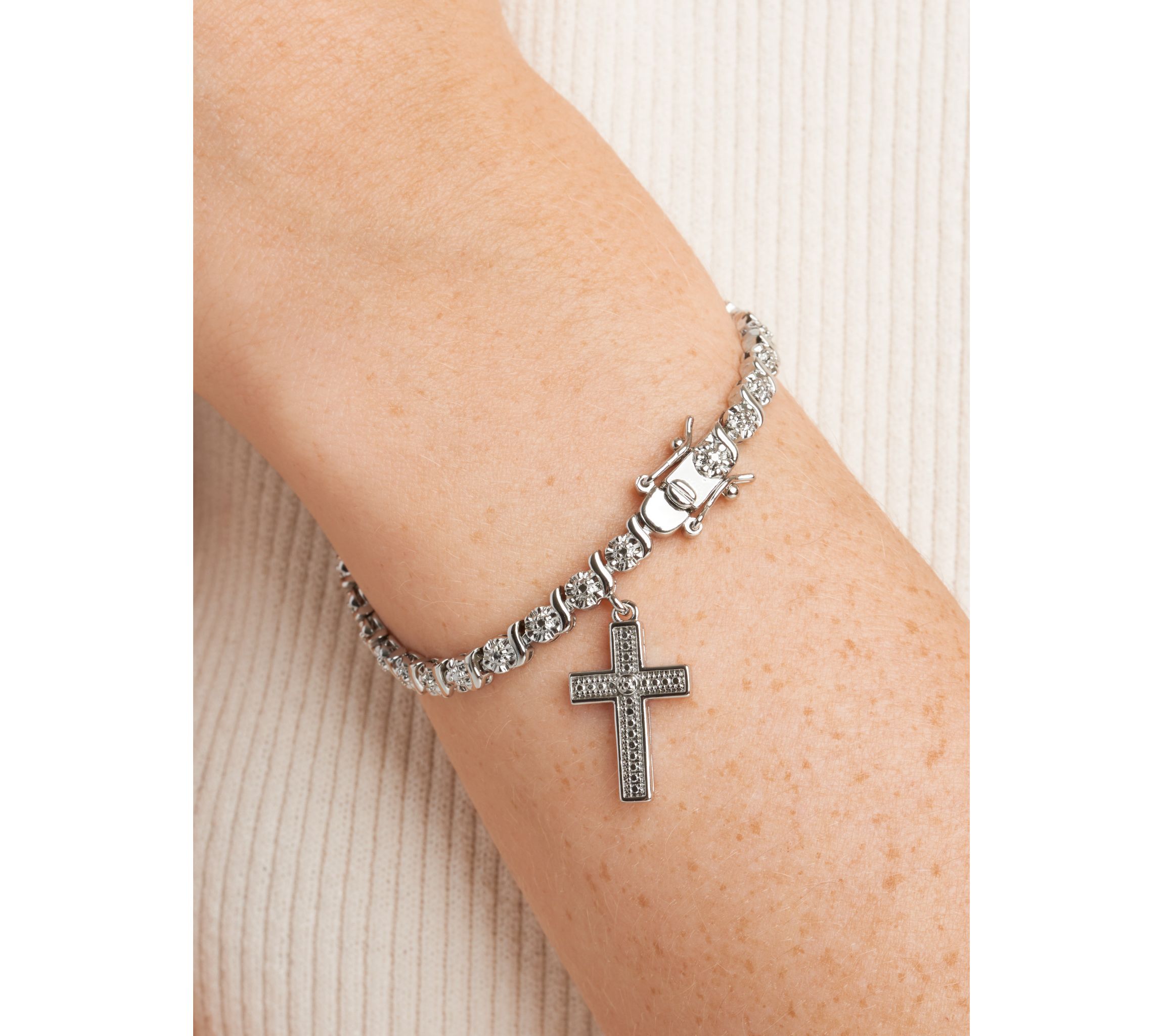 Diamond Accent Cross Bracelet in Silver, 18K Yellow Gold or 18K Rose Gold Over Bronze