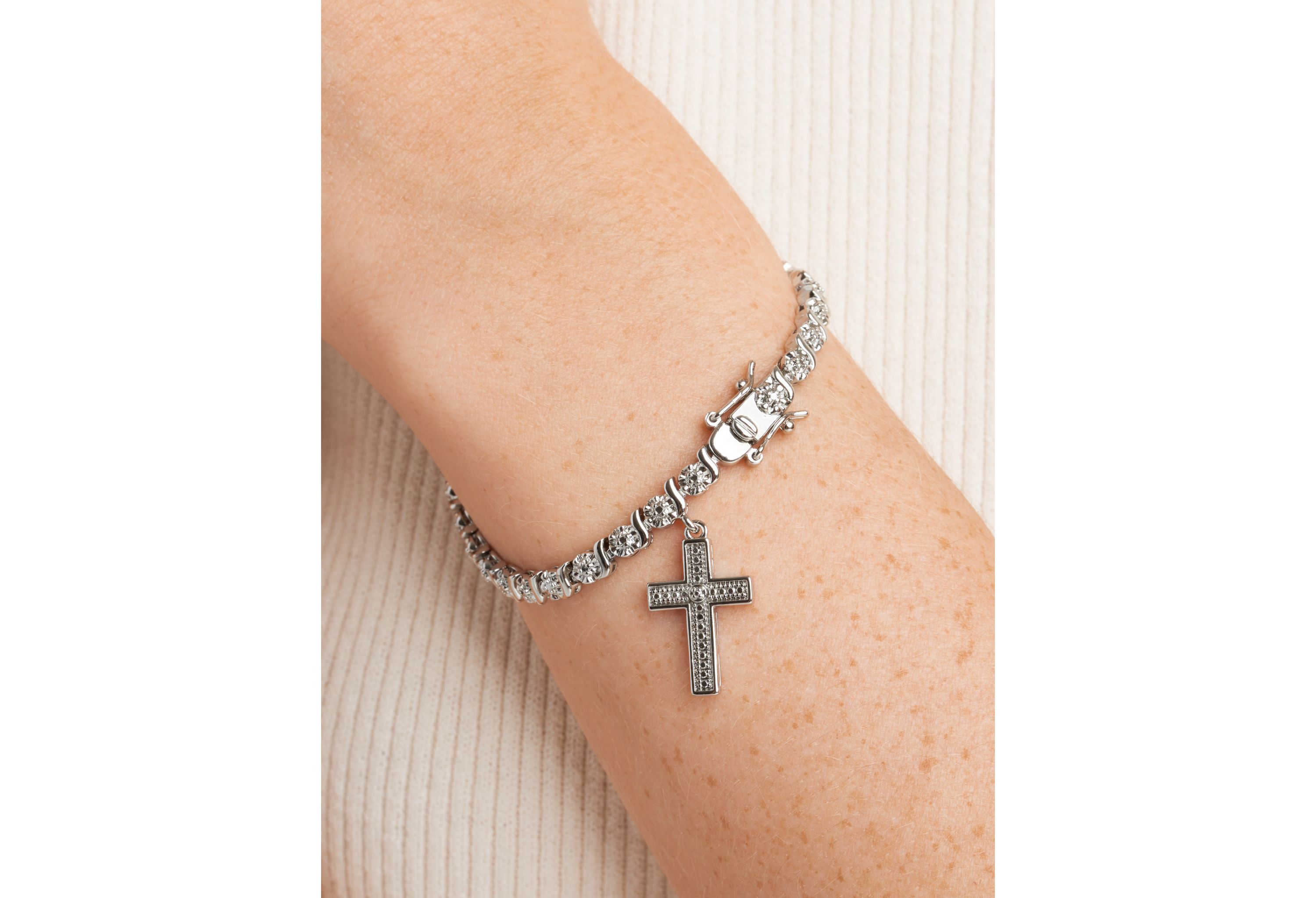 Diamond Accent Cross Bracelet in Silver, 18K Yellow Gold or 18K Rose Gold Over Bronze